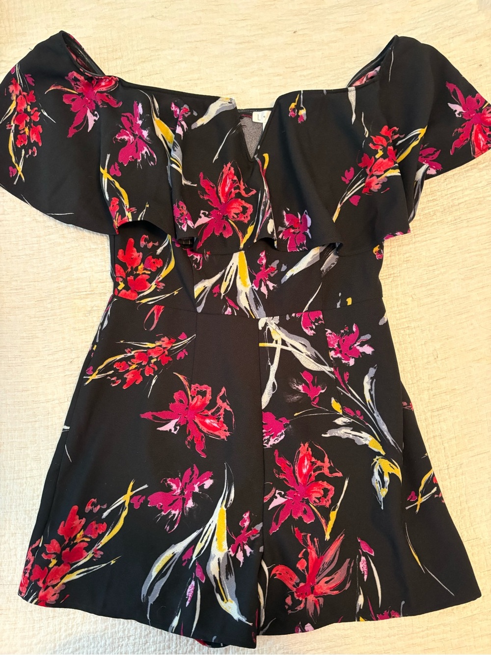 Black Floral Off-Shoulder Romper with Pink & Yellow Accents